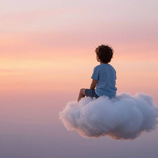 Photograph of a silhouette of a child with tousled hair, sitting on a fluffy cloud, against a gradient pink and orange sunset sky.