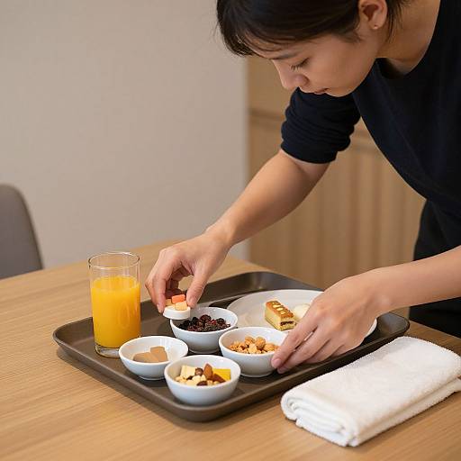 Asian woman in black shirt assembles breakfast on tray with orange juice, toast, fruit, and yogurt; wooden table, white towel.
