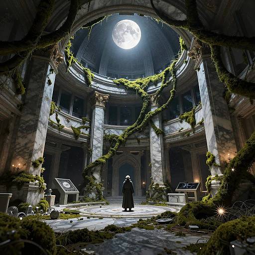 Moonlit Moss-Covered Observatory Interior