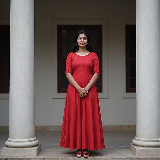 Photograph of a South Asian woman with long black hair, wearing a vibrant red, long-sleeved, full-length dress, standing between white columns