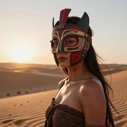 Photograph of a woman with long black hair in a desert at sunset, wearing a detailed, colorful masked headpiece and a strapless, brown,