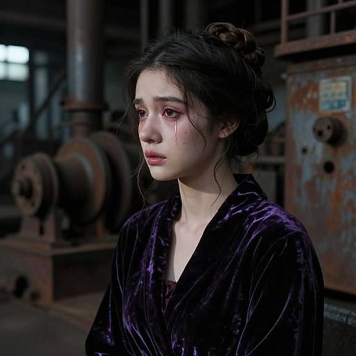 Photorealistic digital artwork of a young woman with fair skin, dark hair in a messy bun, wearing a dark purple velvet robe, with blood on