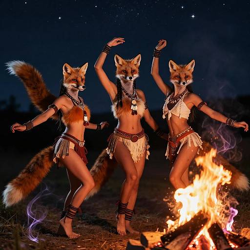 Photograph of three anthropomorphic foxes dancing at night by a campfire, wearing tribal-inspired, fringed skirts and jewelry, under a starry