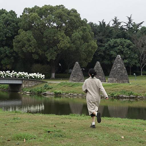 Woman Running in Park Near Pond