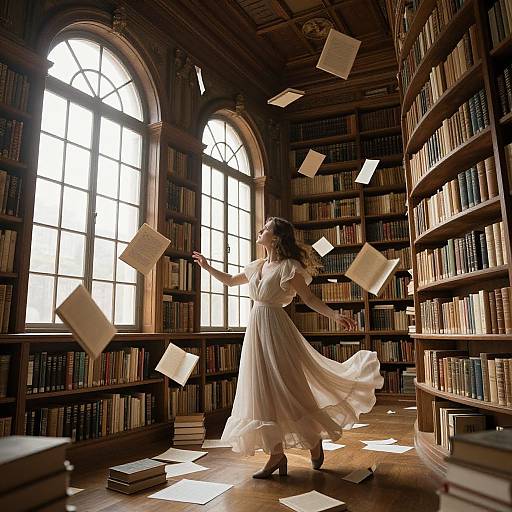 Photograph: Elegant woman in flowing white dress, dancing in sunlit library, books flying through air, tall arched windows, wooden shelves.