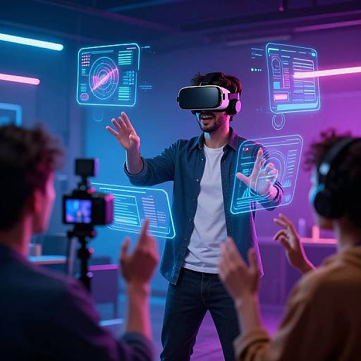 Photograph: Man in VR headset, blue jacket, white shirt, waving hands, surrounded by neon digital interfaces, viewed by two others with headsets