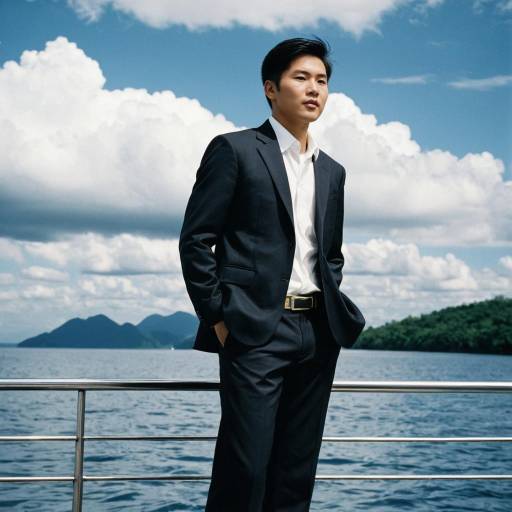 Asian Man in Formal Suit on Boat Deck
