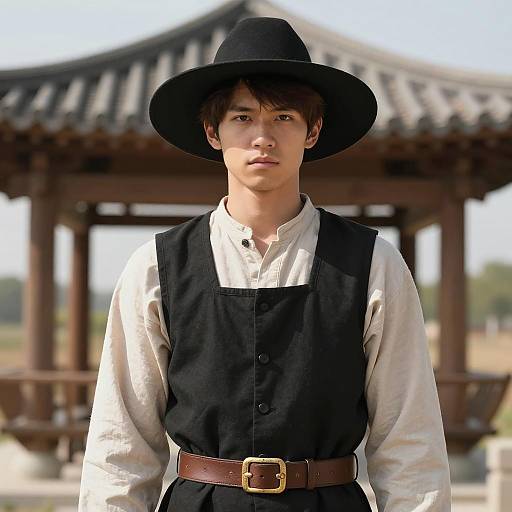 Young Man in Historical Costume with Wide-Brimmed Hat
