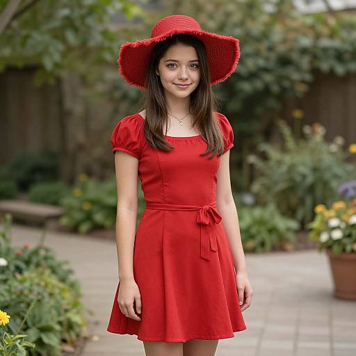 Photograph of a young woman with long brown hair, wearing a red dress and wide-brimmed red hat, standing in a garden.