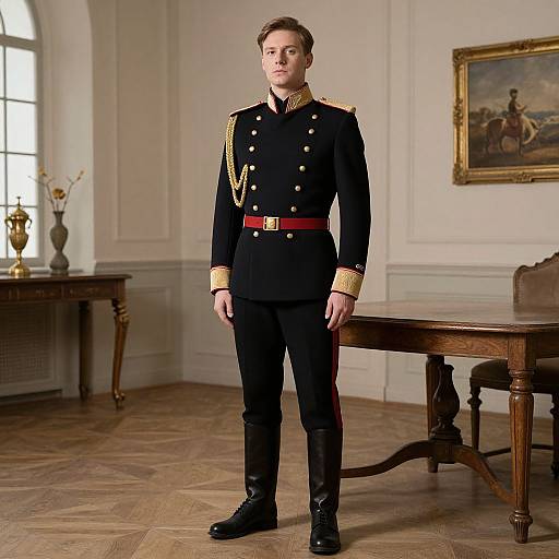 Photograph of a young man in a black military uniform with gold epaulettes, red sash, and black boots, standing in a formal