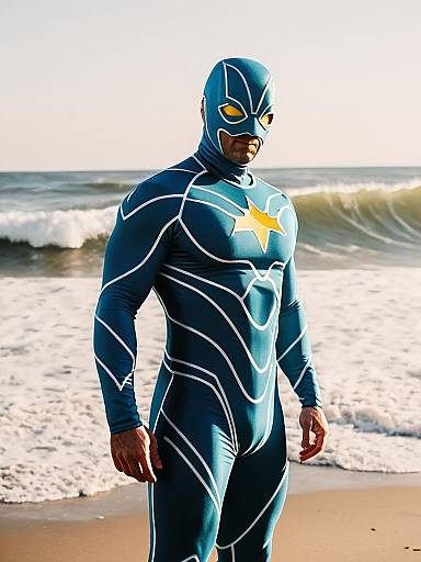 Man in Wave Man Superhero Costume on Beach