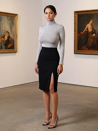 Photograph of a poised woman in a gray turtleneck and black knee-length pencil skirt with high slit, standing in an art gallery with two framed