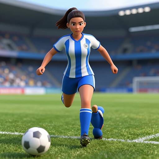 Digital art of a determined young woman with dark hair in a ponytail, wearing a blue and white striped soccer jersey, blue shorts, and socks,