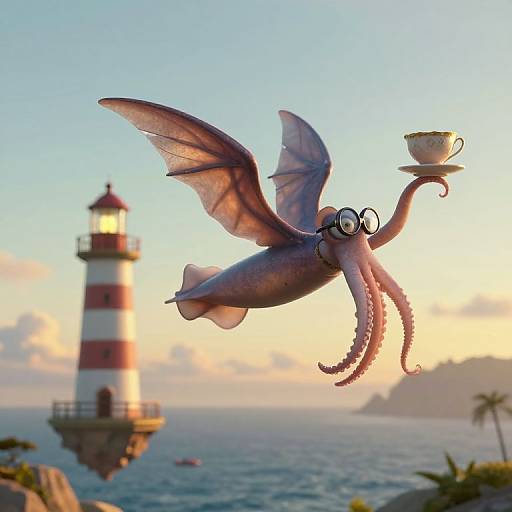 CGI cartoon of a purple, winged octopus with glasses, holding a teacup, soaring over a red-and-white striped lighthouse at