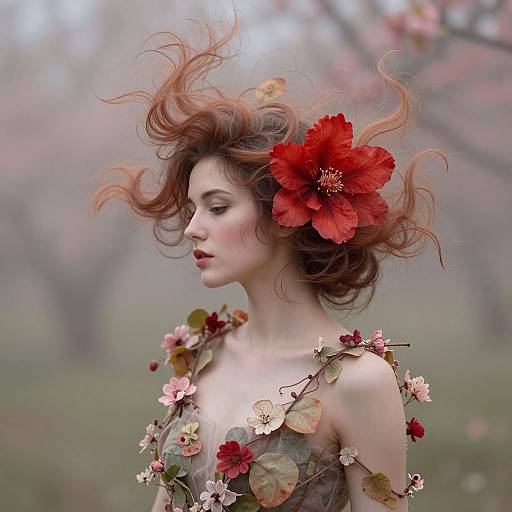 Photorealistic digital painting of a fair-skinned woman with wavy red hair, adorned with a large red hibiscus flower, wearing a