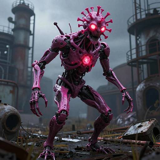 Digital artwork of a glowing, pink, robotic creature with spikes on its head, red eyes, and a glowing heart, standing in a dilapidated