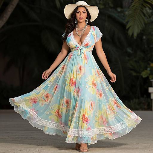 Photograph of a confident woman in a light blue, floral dress with lace trim, white wide-brimmed hat, and layered necklaces, walking