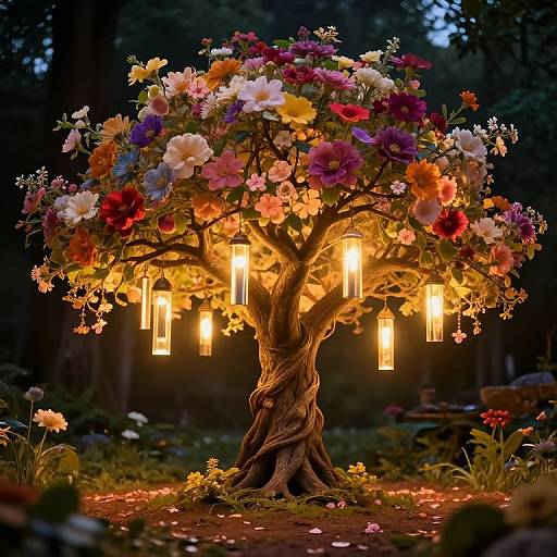 Photograph of a vibrant, ornate tree adorned with colorful flowers and glowing lanterns, set in a dark, enchanted forest.