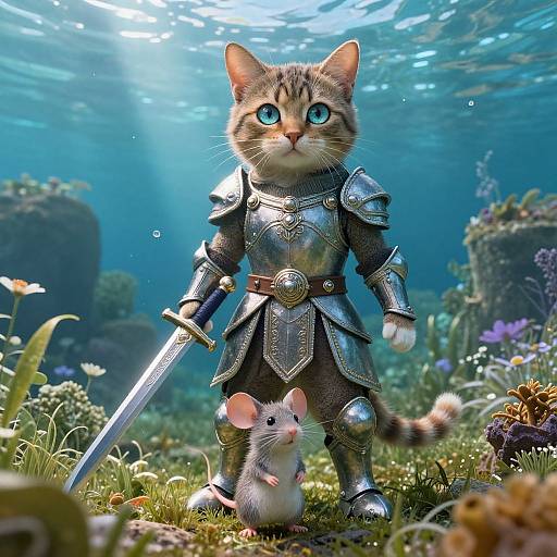 Digital artwork of a tabby cat in shiny medieval armor with a sword, standing underwater beside a tiny mouse, surrounded by coral and sunlight.