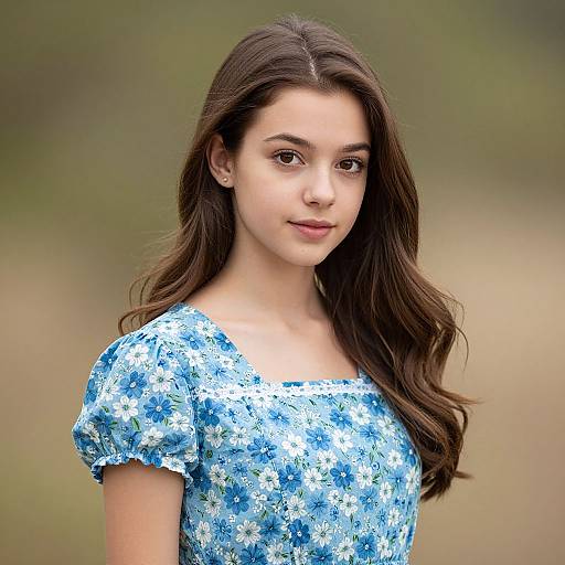 Photograph of a young woman with long, wavy brown hair, wearing a blue floral dress, standing against a blurred green and brown outdoor background.