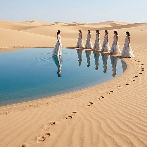 Photograph of eight women in white, flowing dresses, standing in a circular mirror-like pond in a vast, sandy desert. Footprints lead to the