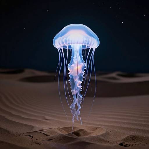 Photograph of a glowing blue jellyfish with translucent tentacles floating over a dark, sandy ocean floor at night.
