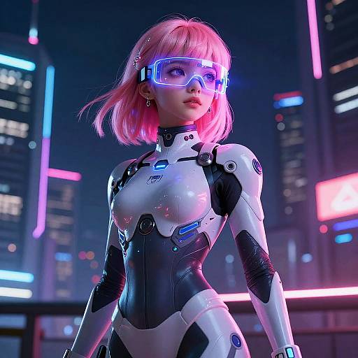 Digital art of a pink-haired woman in a futuristic white and black armored suit with neon blue visor, set against a neon-lit cityscape at