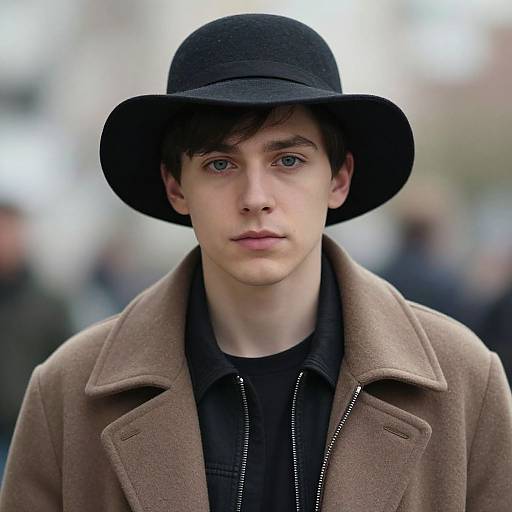 Photograph of a young Caucasian man with fair skin, blue eyes, and short brown hair, wearing a black bowler hat, beige coat, and