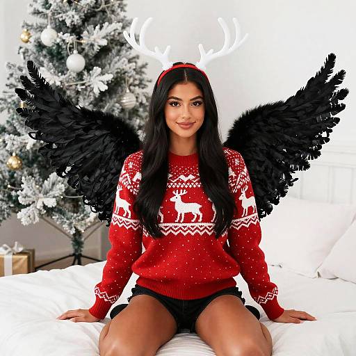 Photograph of a dark-haired woman with black feather wings, wearing a red Christmas sweater with white reindeer, black shorts, and red headband,