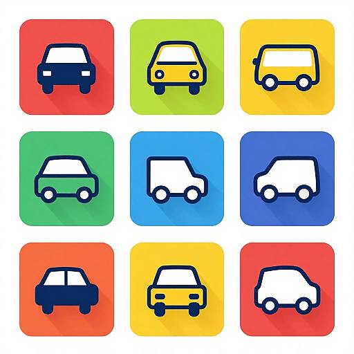 Nine colorful square icons depicting simplified, black-outlined cars in white and yellow, arranged in a 3x3 grid on red, green, yellow