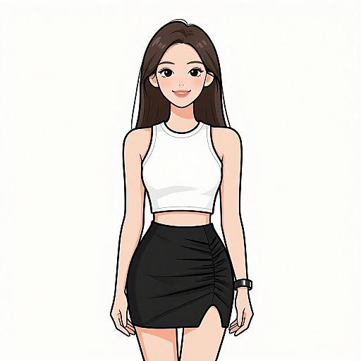 Digital anime-style drawing of a young Asian woman with long brown hair, wearing a white crop top and black skirt, smiling, against a white background.