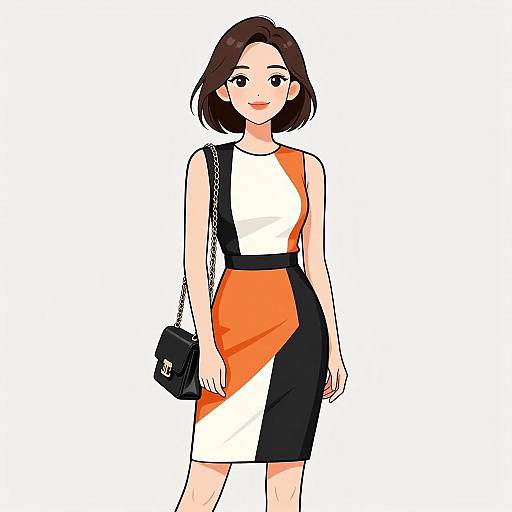 Chic Smiling Woman in Color Block Dress