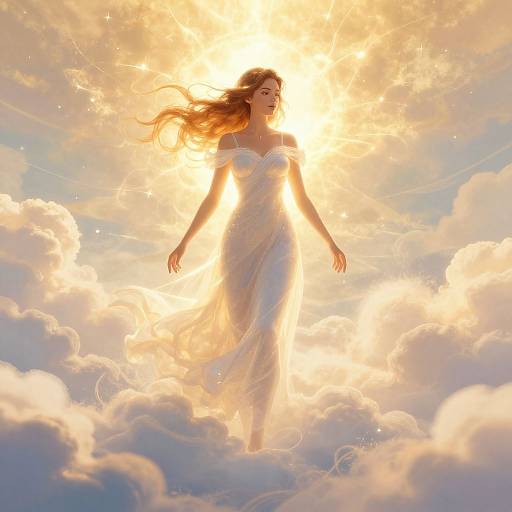 Digital art of a serene woman with flowing brown hair, wearing a white dress, floating among golden clouds, bathed in radiant sunlight.