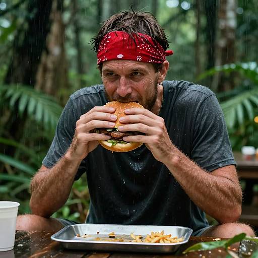 Photograph of a bearded man with wet, dark hair and a red bandana, eating a burger in a rainforest, wearing a gray shirt