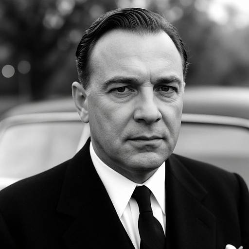 Black-and-white photograph of a serious middle-aged man with slicked-back hair, wearing a dark suit, white shirt, and black tie, standing in