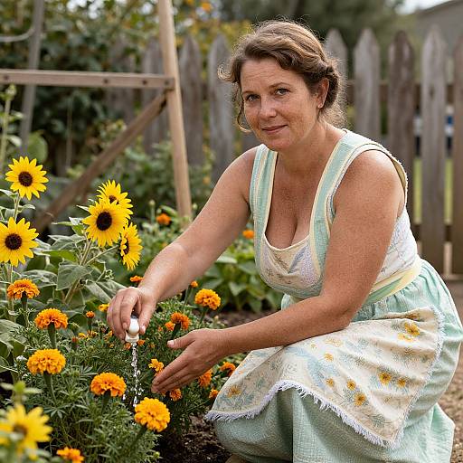 Photograph of a smiling middle-aged woman with brown hair, wearing a white and green floral dress, tending to sunflowers and orange marigolds