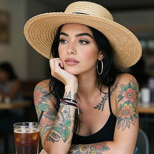 Tattooed Woman with Straw Hat