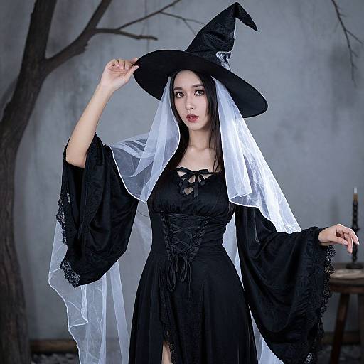 Photograph of a pale-skinned woman in a black witch costume with wide sleeves, veil, and pointed hat, holding her hat in a dimly