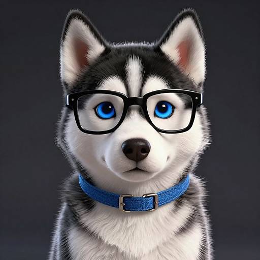 Photorealistic digital artwork of a black-and-white Husky with striking blue eyes, wearing black glasses and a blue collar, against a dark gradient background