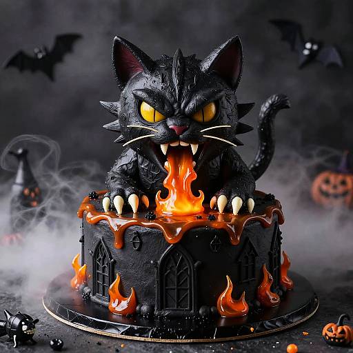 Photograph of a detailed, black, chocolate cake shaped like a fierce, fanged cat with glowing yellow eyes, sitting on a flaming, gothic