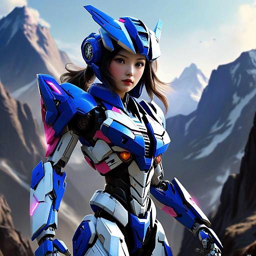 Digital artwork of an Asian woman in futuristic blue and white robotic armor, standing in a mountainous, snowy landscape. Her expression is determined, with a