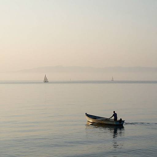 Photograph of a lone person rowing a small wooden boat on calm, reflective water during sunset, with distant sailboats and a pastel sky.