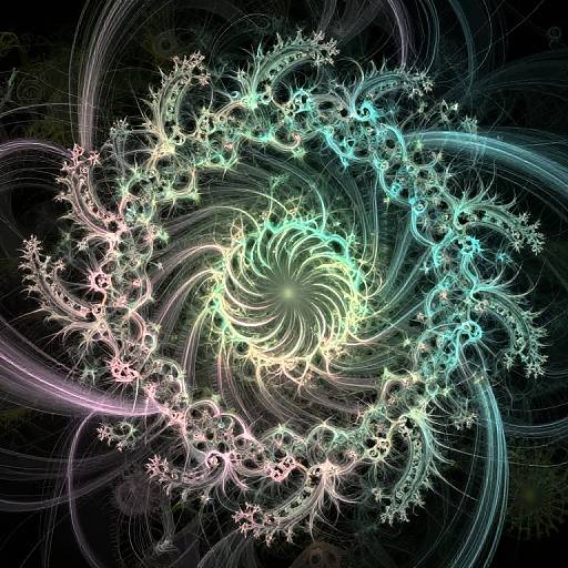 Abstract digital art: swirling, luminous fractals in green, blue, and white against a dark background, creating a vortex effect.