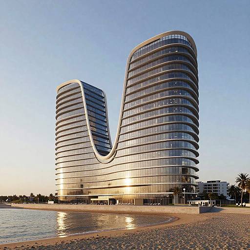 Modern Curved Glass Building by Beach at Sunset