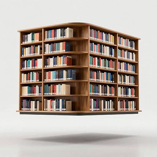 Floating wooden bookshelf with multiple shelves, filled with colorful books, suspended in mid-air against a white background.