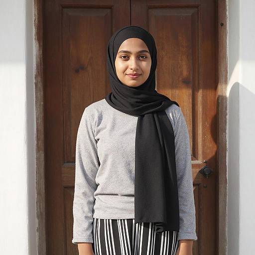 Young Woman in Black Hijab by Rustic Door
