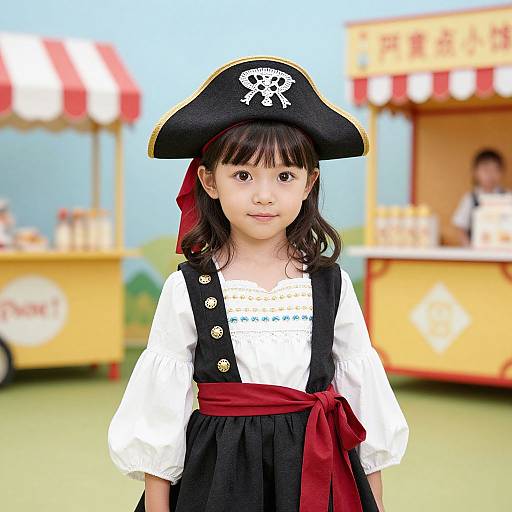 Photograph of a young Asian girl with straight black hair, wearing a black pirate hat, white blouse, black pinafore, and red sash