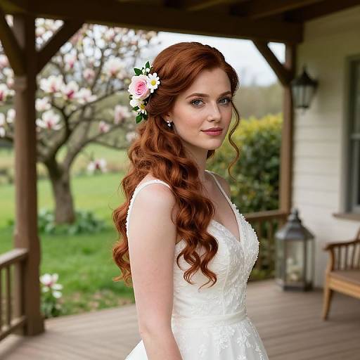 Photograph of a red-haired woman with wavy hair, wearing a white lace wedding dress, flower hairpiece, standing on a wooden porch with lantern