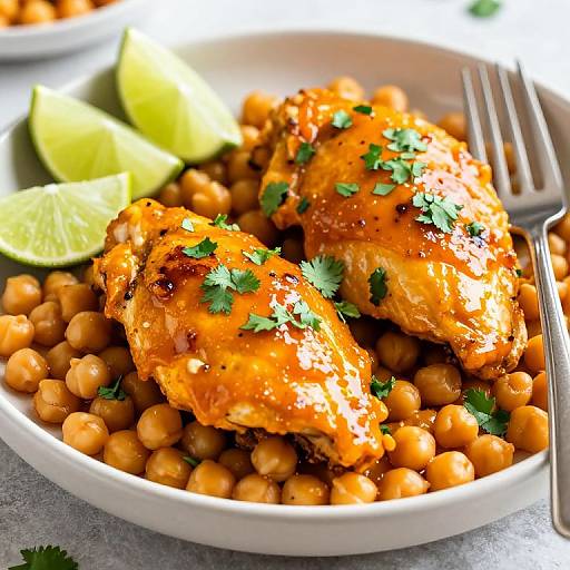 Photograph of crispy, orange-glazed chicken pieces garnished with parsley, served over chickpeas with lime wedges and a fork on a white