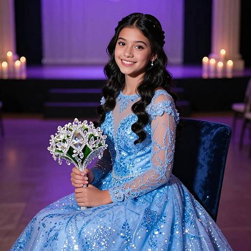 Photograph of a smiling young woman with long, wavy black hair, wearing a sparkling blue lace dress, holding white flowers, seated in a dark